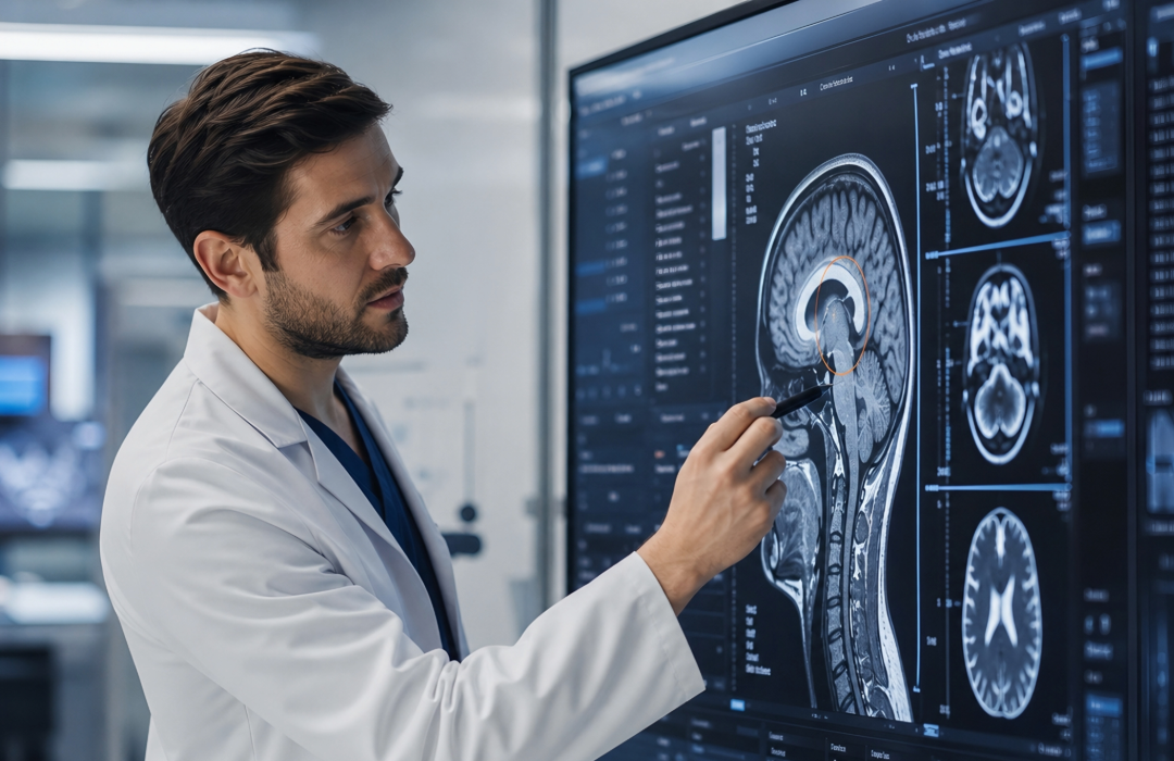 Neurologist reviewing brain MRI scans