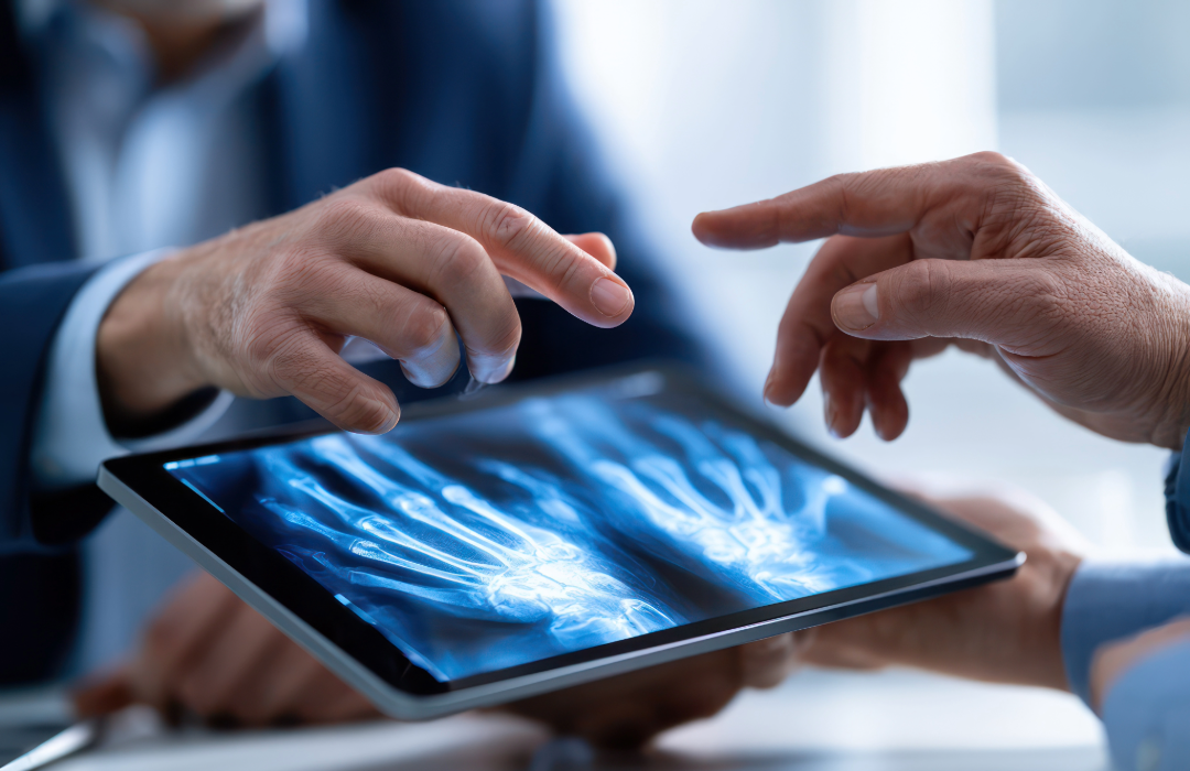 Clinician and patient reviewing hand X-rays on a tablet